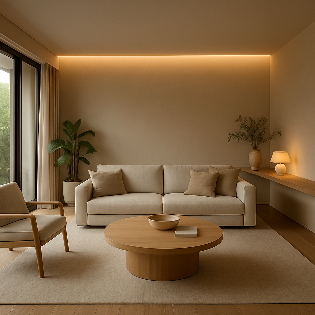 Interior de hogar inteligente de lujo con luz natural y ambiente sereno